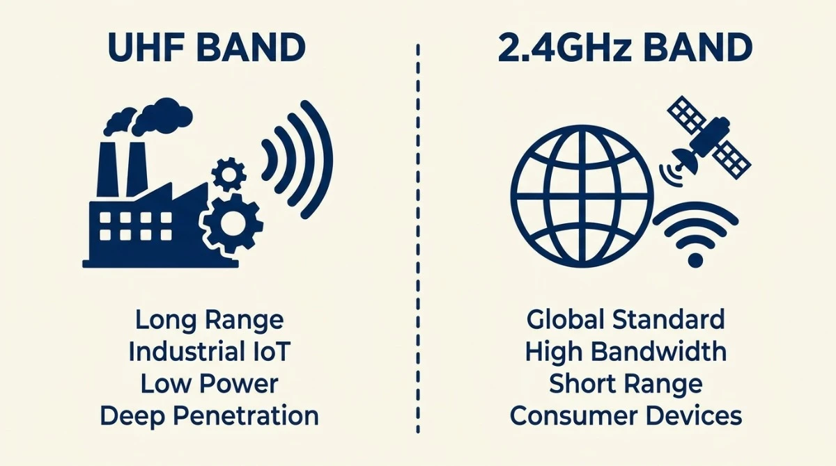 Infographic comparing UHF and 24GHz tour guide system frequency bands and their typical use environments Infographic comparing UHF and 24GHz tour guide system frequency bands and their typical use environments